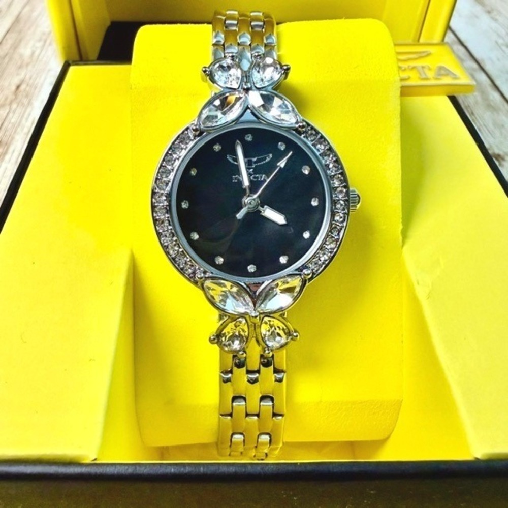 Invicta Wildflower Quartz Black Crystal Butterfly Accented Bracelet Watch 30mm